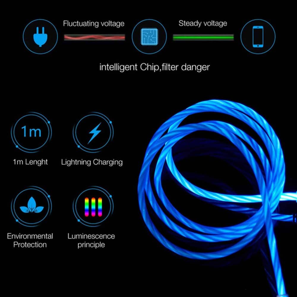 LED Light Flow Flashing USB Type-C Replacement Charger Cable